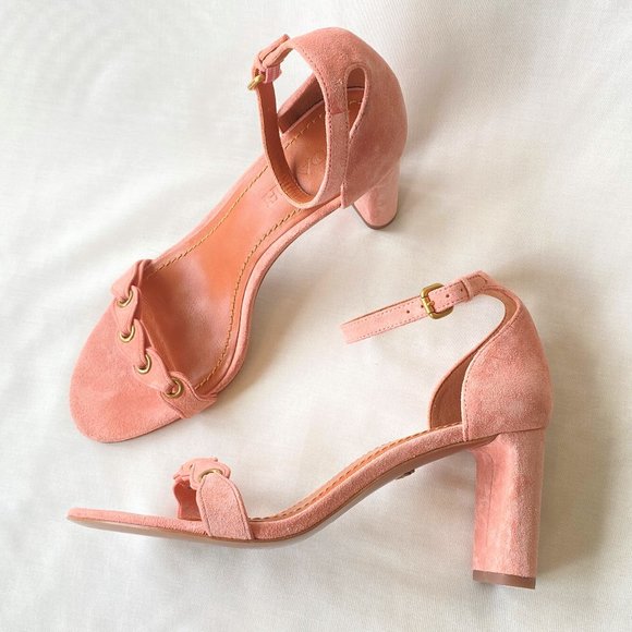 Coach Shoes - Coach Link Peony Pink Suede Heeled Sandals, Sz 8